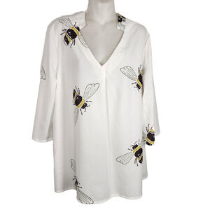 Misslook Womens Blouse Bumblebee 3/4 sleeve V Neck Novelty White 3X Cotton Blend